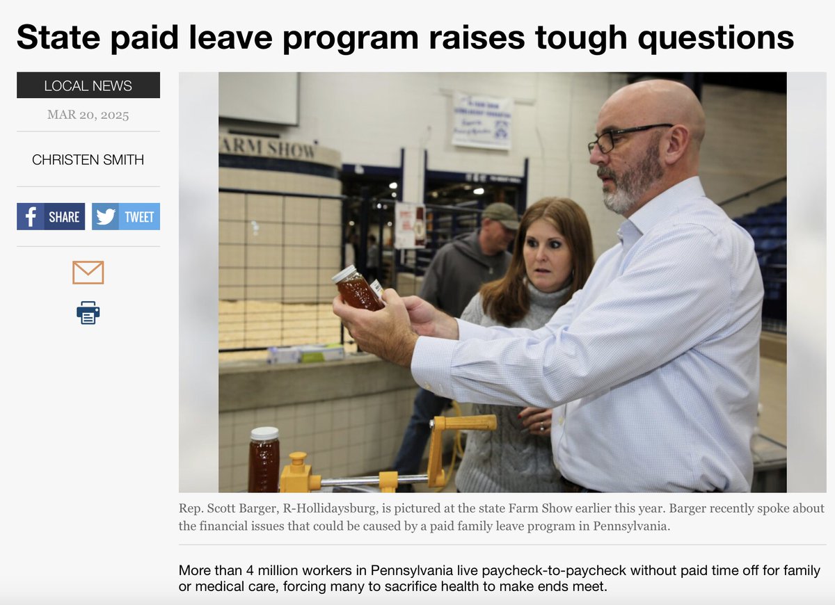 More than 4 million workers in PA live paycheck-to-paycheck w/o paid leave, forcing many to sacrifice health to make ends meet. Others quit work entirely, shrinking the state’s economy+worsening its labor shortage. The Family Care Act is the bipartisan solution! 
Stand with us!