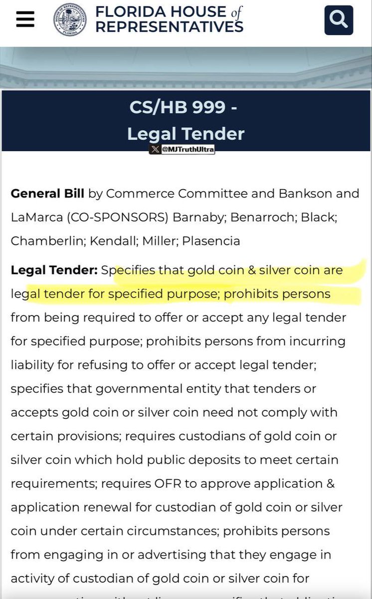 MJTruthUltra's tweet image. Florida is turning Green into GOLD 👀

🚨 The Florida House of Representatives just passed HB 999, which designates gold and silver as legal tender in Florida

• The bill aligns with constitutional principles, as Article I, Section 10 of the U.S. Constitution states that only…