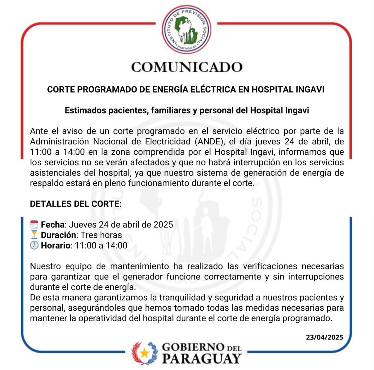 #COMUNICADO | Corte programado de energía eléctrica en el Hospital Ingavi 🪫
