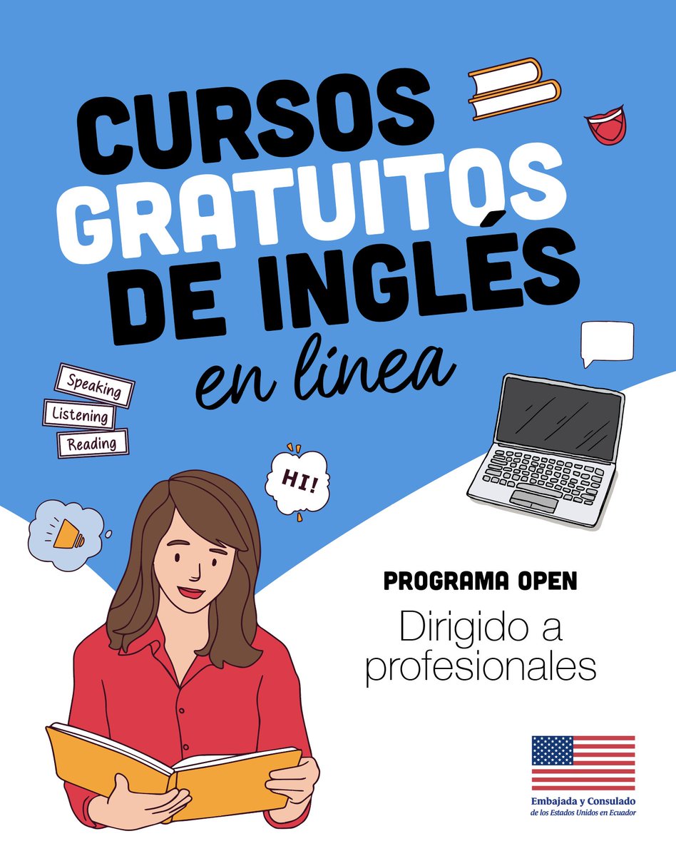 USembassyEC's tweet photo. ¿Sabías que hoy celebramos el “Día del Idioma Inglés”?

Los Estados Unidos promueve el aprendizaje del inglés en todo el mundo. Si eres un profesional y buscas potenciar tu carrera, el programa OPEN (Red Profesional de Inglés en Línea), financiado por el gobierno de los Estados Unidos, es para ti. Podrás fortalecer tus habilidades lingüísticas con cursos de alta calidad, flexibles y accesibles para impulsar el desarrollo profesional.

✅ Cursos autodirigidos o guiados por instructores 
 ⏳ Duración: Entre 5 y 12 semanas 
 🌍 100% en línea y sin costo 
 📈 Enfocados en la excelencia y el crecimiento profesional

👉 Más info en la página web oficial de la Embajada de los EE.UU. en Ecuador: https://t.co/qFPcNbeZdF

#OpenProgram