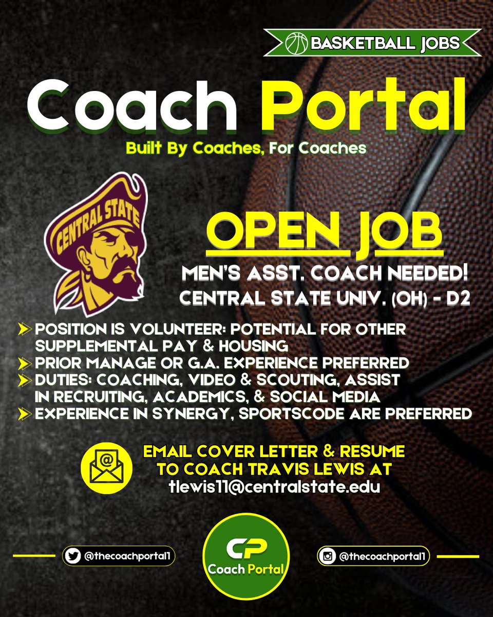 Central State Univ. (OH - D2) is looking for a Men's Basketball Assistant Coach. The position is volunteer, but includes potential for housing &amp; supplemental pay. Prior manager or G.A. experience is preferred. Duties: coaching, video &amp; scouting, recruiting, academics, and social