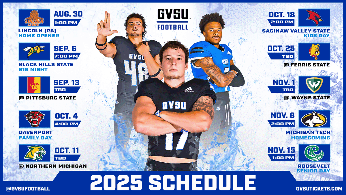 gvsulakers's tweet photo. The 2025 GVSU Football Schedule is here! 

See you at Lubbers 🏈 

#AnchorUp https://t.co/kztmhudGOQ