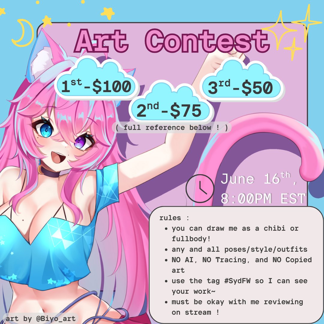 Nyaho~!🐾✨
I'm hosting an art contest !
please read the rules here and post your works with the tag "SydFW" >< 💜

have a question? ask away, I'll answer ! ! ^o^ 

♡ &amp; ↻ are rlly appreciated ! ! 🐱💜✨