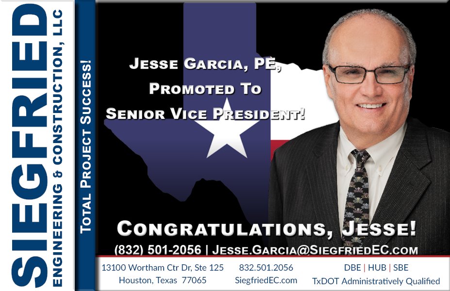 Siegfried_EC's tweet photo. Please join Siegfried Engineering &amp; Construction as we congratulate Jesse Garcia, PE, on his promotion to Senior Vice President! Since joining us in 2020 as VP &amp; Sr. Project Manager, Jesse has led the charge to establish Siegfried as a leader in Texas Transportation Design &amp; CEI. https://t.co/QN9btShupm