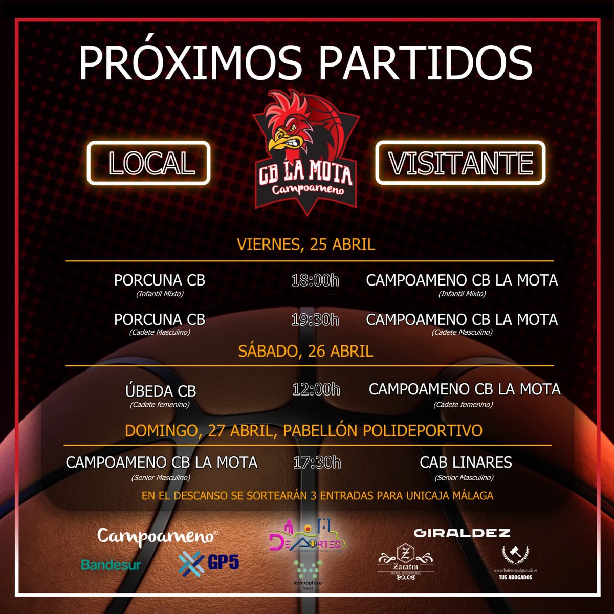 ¡Se viene un finde a puro basket! 🏀🔥
Nuestros equipos del Campoameno CB La Mota tienen una agenda cargada de partidazos y tú no te los puedes perder 💪❤️‍🔥

Viernes, sábado y domingo hay acción en la cancha:
📍 Infantiles, cadetes y ¡nuestro senior masculino!