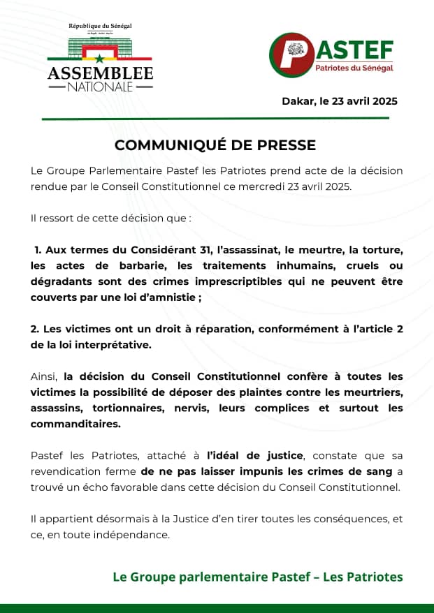 Communiqué Groupe Pastef les Patriotes