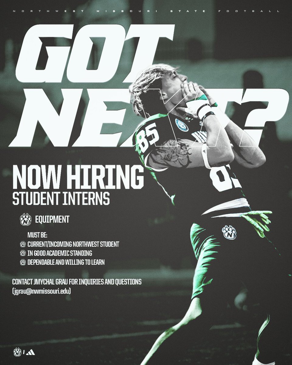 Northwest Football (@nwbearcat_fb) on Twitter photo 🚨𝘽𝙀𝘼𝙍𝘾𝘼𝙏 𝙎𝙏𝙐𝘿𝙀𝙉𝙏𝙎🚨
Want to learn what it's like to be part of one of the nation's best equipment staffs? Any current/incoming Northwest students are encouraged to reach out for more information!
Email JMychal Grau: jgrau@nwmissouri.edu
#OABAAB 🚨𝘽𝙀𝘼𝙍𝘾𝘼𝙏 𝙎𝙏𝙐𝘿𝙀𝙉𝙏𝙎🚨
Want to learn what it's like to be part of one of the nation's best equipment staffs? Any current/incoming Northwest students are encouraged to reach out for more information!
Email JMychal Grau: jgrau@nwmissouri.edu
#OABAAB