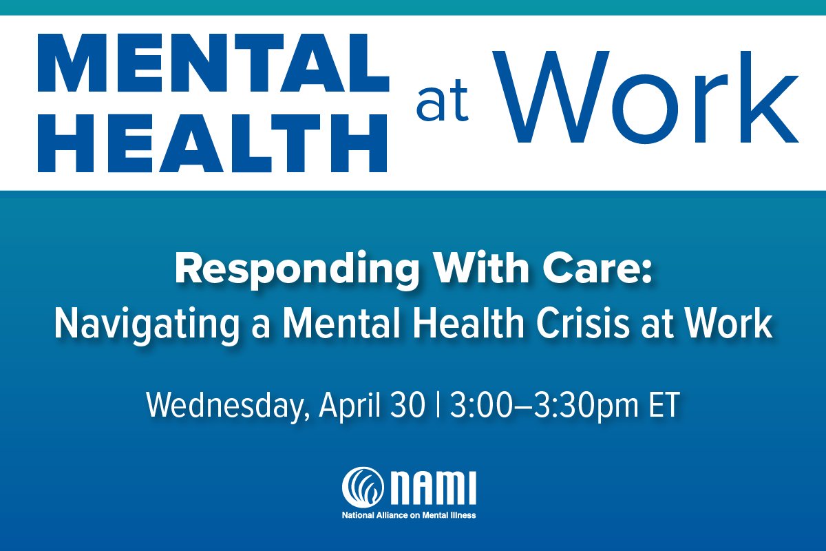 NAMICommunicate's tweet photo. Mark your calendars to join us next week! NAMI’s Manager of Workplace Mental Health, Brit Wanstrath, is moderating a discussion with Megan Rochford, Director of HelpLine Operations at NAMI, and Annabel Cloutier-Perez, Clinical Manager in the Behavioral Health Unit for @TheHartford.  

Watch and engage in this live discussion about: 
📘 NAMI's crisis guide, “Navigating a Mental Health Crisis at Work.”
🧠 Learn about what a mental health crisis is
❓ Common misconceptions, actions attendees can take, and more!
✅ RSVP at LinkedIn today: https://t.co/j9AlGNX8CW