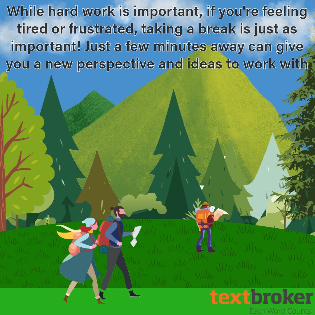 TextbrokerUSA's tweet photo. It can be easy to get flustered and slip up on grammar rules, so the next time you feel that way, take a break! Whether it's a walk, reading a book, or just a few seconds to think, stepping away might be what you need to find the missing piece of your article. https://t.co/CNW7Vmo00H