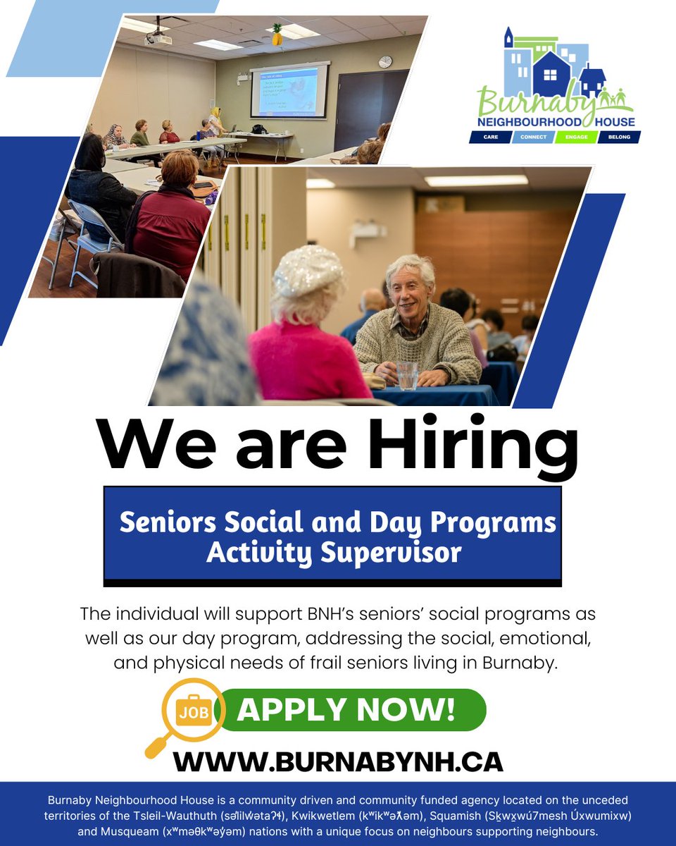 💼 Seniors Social and Day Programs Activity Supervisor

Join our team and support meaningful programs that enhance the well-being of seniors in our community! ❤️

💚To apply or for more info, visit 🔗burnabynh.ca💙