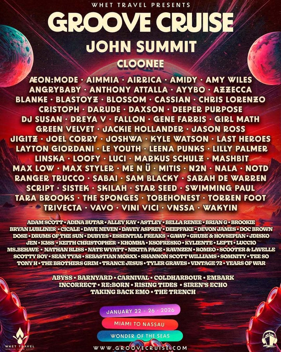 EDM.com (@theedmnetwork) on Twitter photo Now THIS is the suite life on deck we’re talking about 🤩 <a href="/GrooveCruise/">Groove Cruise</a> lineup just dropped featuring <a href="/johnsummit/">John Summit</a>, <a href="/Clooneeuk/">Cloonee</a>, <a href="/LaytonGiordani/">Layton Giordani</a>, <a href="/SAMBLACKY/">Sam Blacky</a>, and more! 🛳️
via: X / groovecruise Now THIS is the suite life on deck we’re talking about 🤩 <a href="/GrooveCruise/">Groove Cruise</a> lineup just dropped featuring <a href="/johnsummit/">John Summit</a>, <a href="/Clooneeuk/">Cloonee</a>, <a href="/LaytonGiordani/">Layton Giordani</a>, <a href="/SAMBLACKY/">Sam Blacky</a>, and more! 🛳️
via: X / groovecruise
