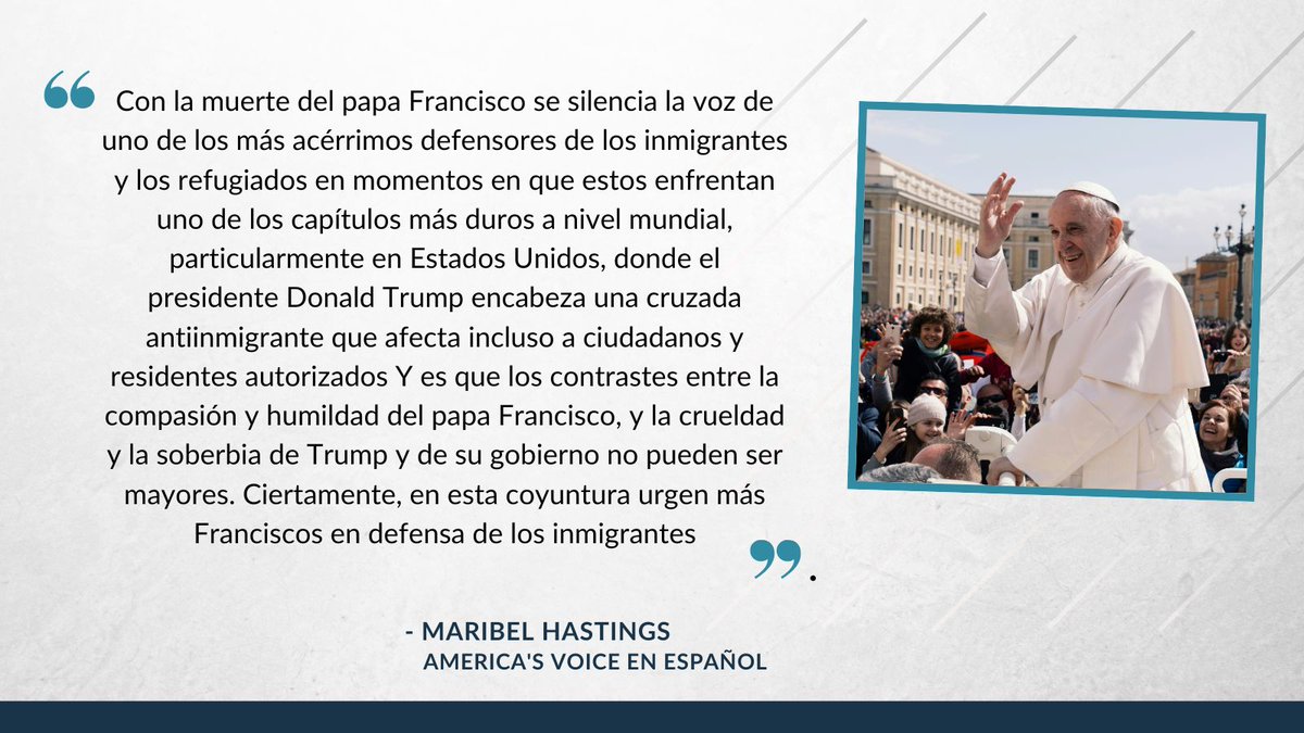 America's Voice (@americasvoice) on Twitter photo En su columna semanal, <a href="/maribelhastings/">Maribel Hastings</a> escribe que en esta coyuntura hacen falta más voces como la del papa Francisco en defensa de los inmigrantes
buff.ly/Hk902XY En su columna semanal, <a href="/maribelhastings/">Maribel Hastings</a> escribe que en esta coyuntura hacen falta más voces como la del papa Francisco en defensa de los inmigrantes
buff.ly/Hk902XY