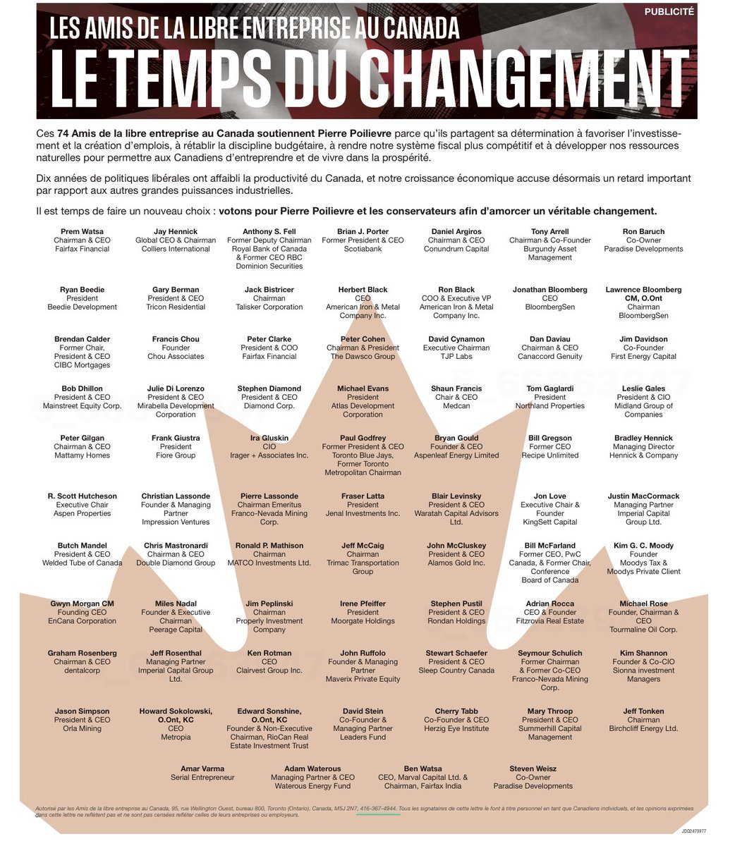 Plus de 70 haut dirigeants de l’économie canadienne croient que le meilleur aspirant au titre de premier ministre c’est Pierre Poilievre. Le seul avec un plan pour la prospérité du Canada et créateur de richesse pour tous les citoyens. Attention au mirage Carney, dénoncé par ses