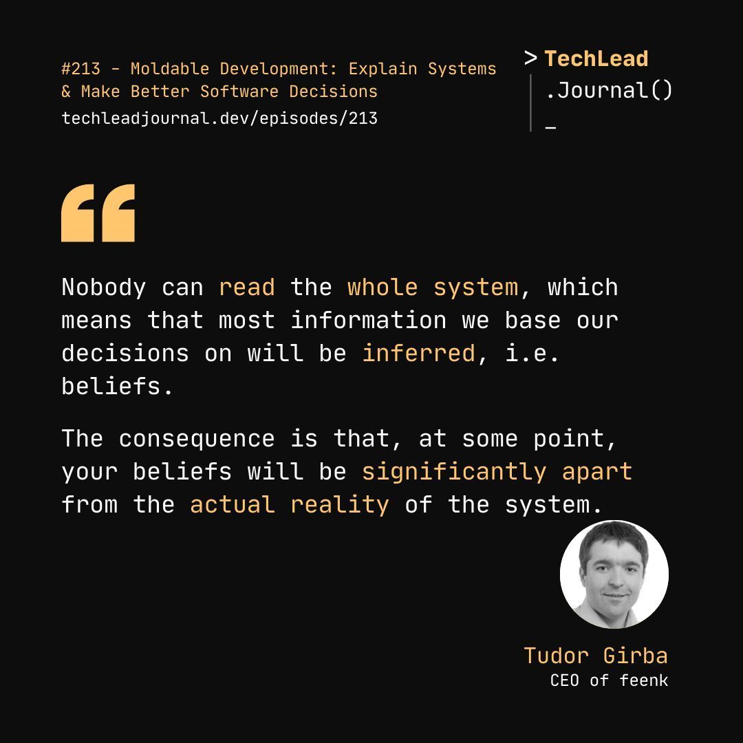 Tech Lead Journal (@techleadjournal) on Twitter photo The more we infer, the further we drift from the truth of the system.
Hear more from <a href="/girba/">Tudor Girba</a> in episode 213.
Listen at youtube.com/watch?v=dESIMp…
#softwareengineer #decisionmaking The more we infer, the further we drift from the truth of the system.
Hear more from <a href="/girba/">Tudor Girba</a> in episode 213.
Listen at youtube.com/watch?v=dESIMp…
#softwareengineer #decisionmaking