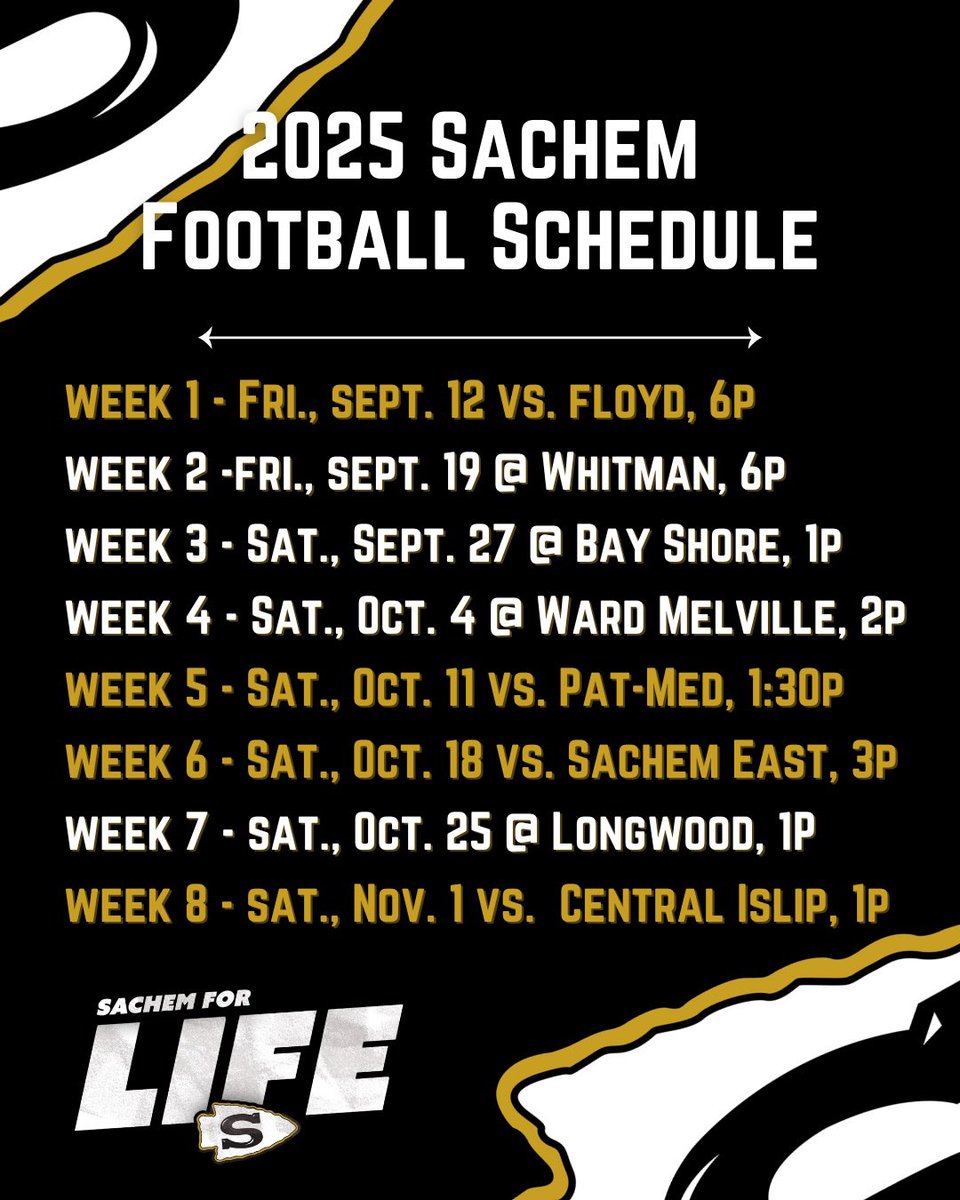 sachemnorthFB's tweet photo. ๐๏ธ 2025 SCHEDULE RELEASE: Mark your calendars ... it will be September before we know it! #SachemForLife ๐น https://t.co/hhajDvAeBh