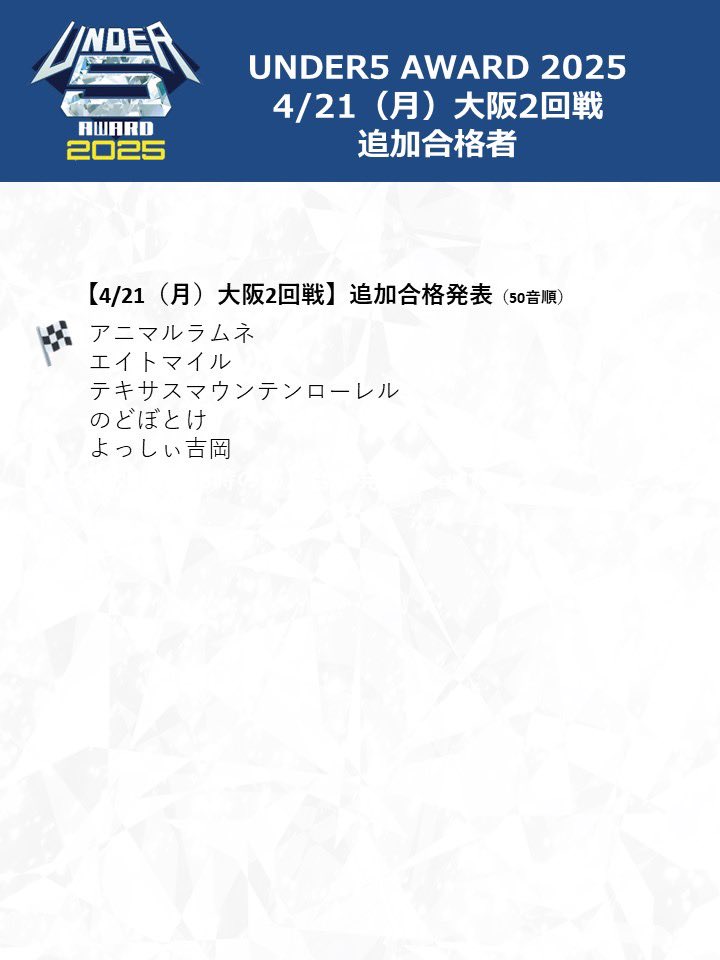 UNDER5_AWARD's tweet photo. ／
#UNDER5AWARD
4/23大阪2回戦　合格者発表⚡️
＼

🎙4/23(水)大阪2回戦　合格者まとめ🎙

💥【必見】大阪2回戦追加合格者発表💥
🔥【予告】大阪2回戦敗者復活🔥
大阪2回戦の敗者復活を4/26〜開始！
詳細をお待ちください🙋🏻‍♂️

本日から東京2回戦！
会場でお待ちしております🌞

#アンダー5 #UNDER5 https://t.co/myvjYMIUXv