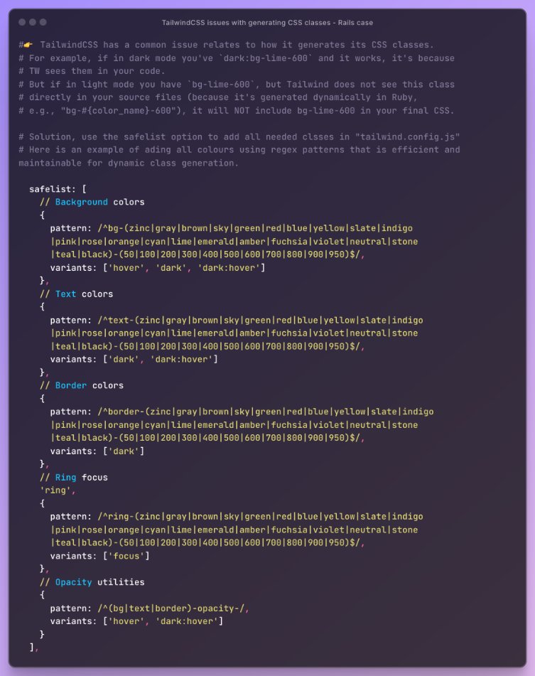 ⚠️ TailwindCSS has a common issue relates to how it generates CSS classes. For example it generate some classes in dark mode &amp; not in light mode.

✅ Solution, use the safelist (v3.tailwindcss.com/docs/content-c…) option to add all needed classes in "tailwind.config.js"