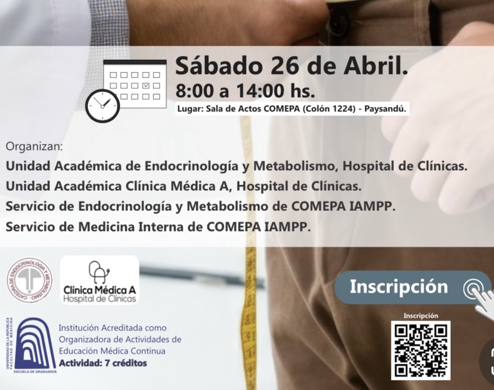 Los invitamos a participar de la jornada de actualización del paciente con obesidad en la ciudad de Paysandú el próximo 26 de abril!  Inscripciones abiertas! Los esperamos!
