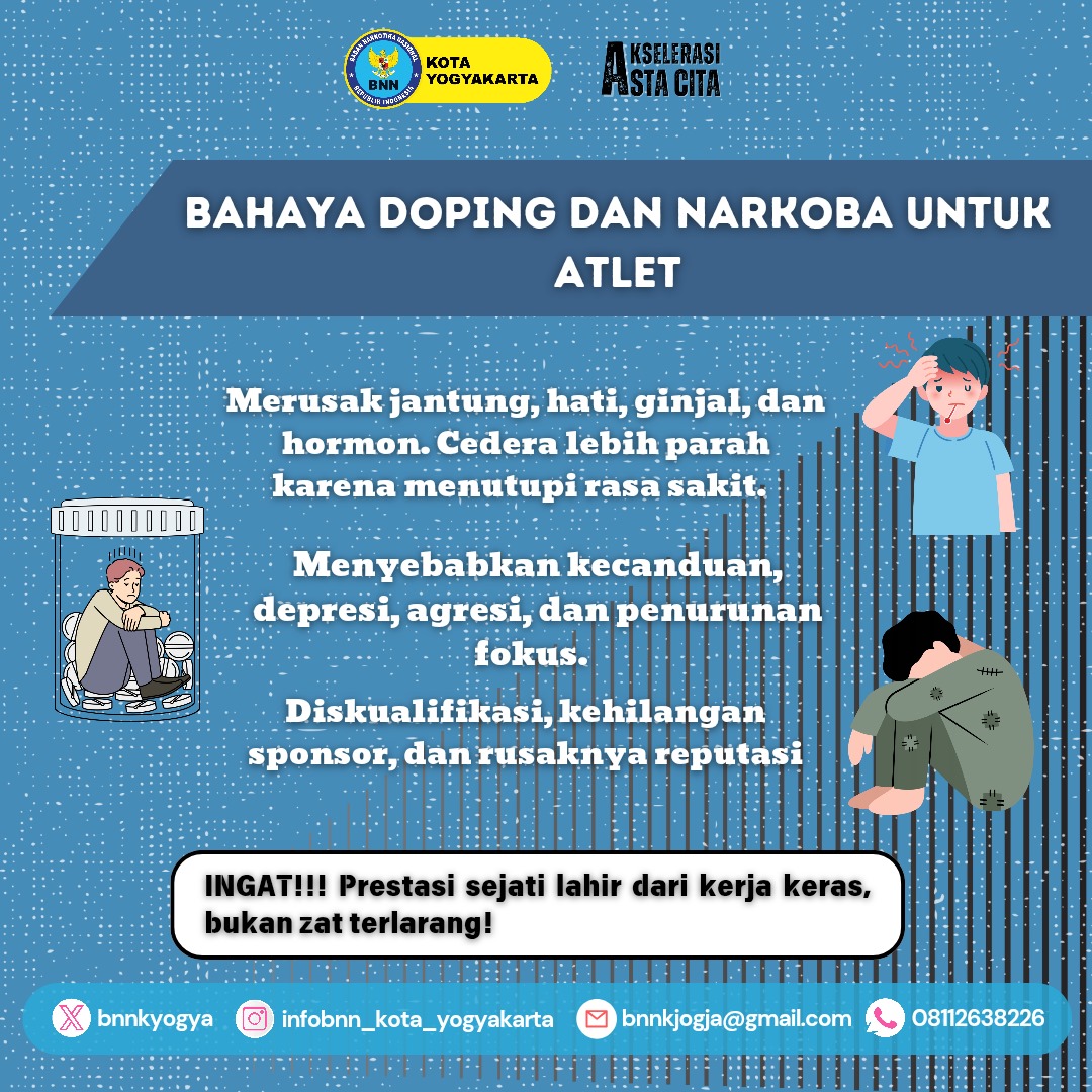 Dopping dan narkoba harus menjadi perhatian ekstra di kalangan atlet, agar atlet potensial negeri ini tidak terkotori dan fokus meraih prestasi. Berikut adalah bahaya dopping dan Narkoba bagi atlet. Tetap semangat tanpa narkoba!