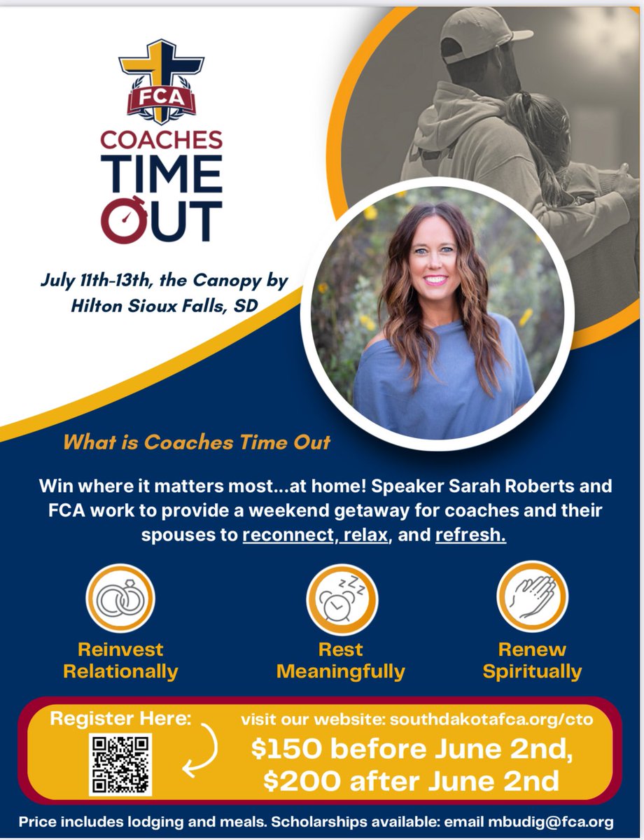 SouthDakotaFCA's tweet photo. Coaches- we have a Game-Changing opportunity for you and your spouse this summer!   FCA Coaches Time Out 2025- July 11th-13th! 
https://t.co/Kxk9aywRms https://t.co/FQoG4aOQPJ