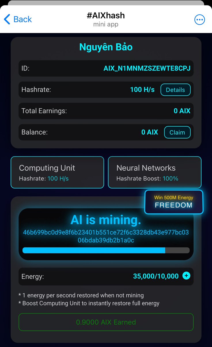 NguyenBao68's tweet photo. #AIXHASH TELE FREE
ĐÀO ĐƯỢC AIX SẼ ĐỔI ĐƯỢC RA TON
Hoàn thành task để có năng lượng, Freedom kiếm thêm năng lượng và Hashrate.
LINK: https://t.co/NXqjoTEAsr https://t.co/fOD9kIOF4D