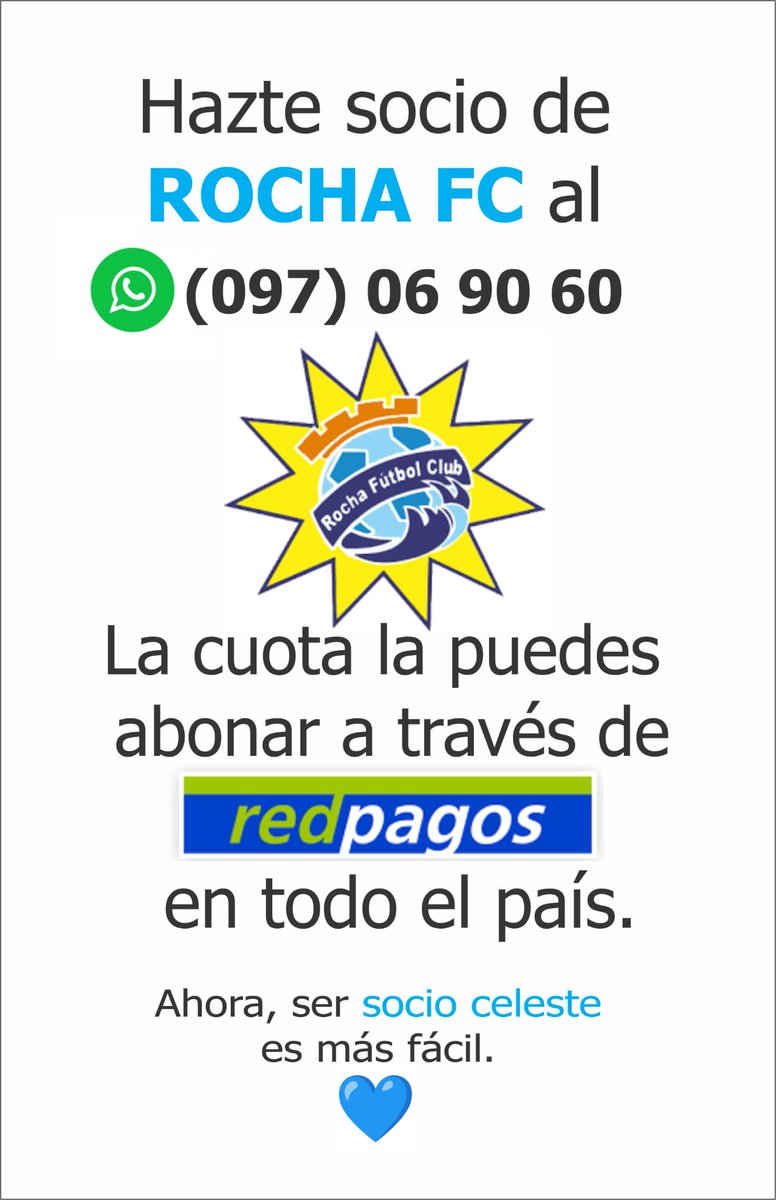 rochafutbolclub's tweet photo. ¡Ahora es más fácil! 😃
¿Qué estás esperando? 🤷🏻‍♂️
¡Dale que empieza el Campeonato de la @AmateurAUF 🏆😋!
¡Hazte Socio! 
🧾💵 @RedpagosOficial

#CelesteDelEste💙
#LosDeLaVaca 🐄 https://t.co/ksFECkxUcu
