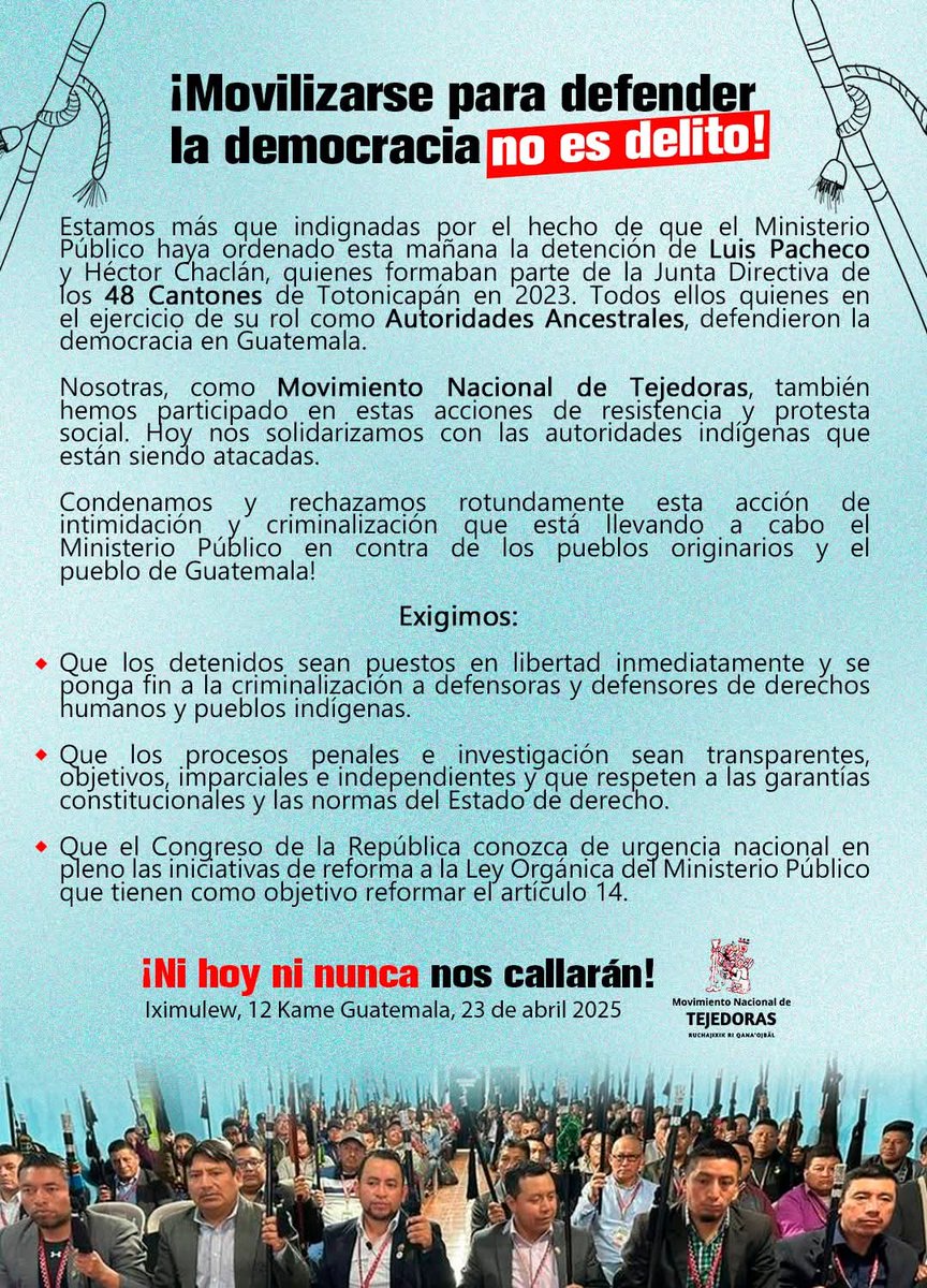 Movilizarse para defender la democracia no es un delito <a href="/MNTejedoras/">Movimiento Nacional de Tejedoras</a>