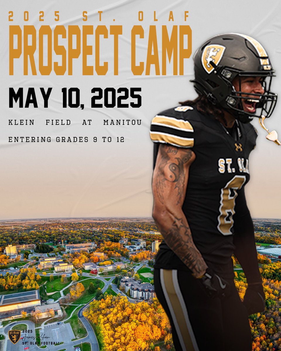 Rising 9th-12th grade football players!!! 

Want to learn more about the college football experience? 

Don’t forget to sign up for the St. Olaf Football Prospect camp!!

athletics.stolaf.edu/sb_output.aspx…

Time is running out⏰

Must register to attend. Don’t miss out on a great