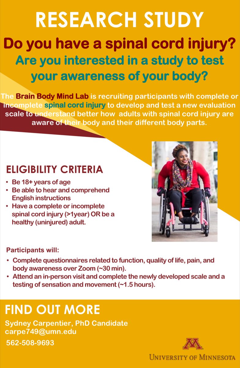 The Brain Body Mind Lab is recruiting participants with complete or incomplete spinal cord injury to develop and test a new evaluation scale to understand better how adults with spinal cord injury are aware of their body and their different body parts.