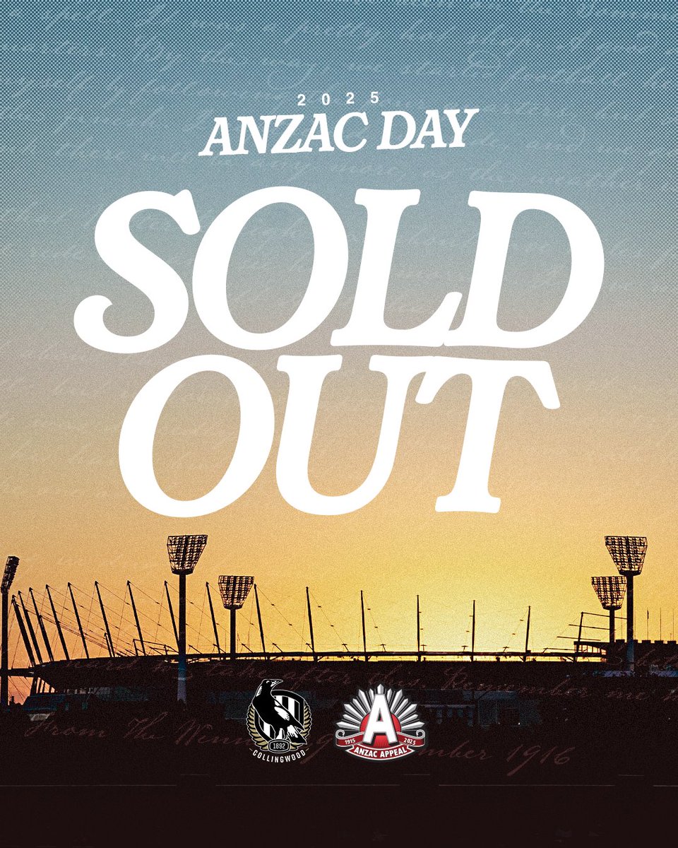 Tickets for tomorrow's Anzac Day game between Collingwood and Essendon are sold out 🎟️

To attend the match you must hold a Ticketek ticket or have a reserved seat membership. General admission access is not available and no further tickets will be released.