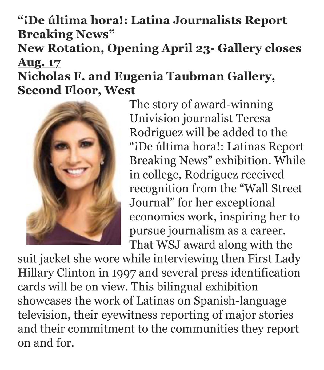 Teresa Rodriguez (@tererodrigueztv) on Twitter photo So happy to share that effective TODAY the <a href="/smithsonian/">Smithsonian</a> exhibit on Latina journalists, (trailblazers in the field), is featuring my story along with a display of objects. Thank you to everyone who made this possible. The last day to see the exhibition will be Sunday August 17. So happy to share that effective TODAY the <a href="/smithsonian/">Smithsonian</a> exhibit on Latina journalists, (trailblazers in the field), is featuring my story along with a display of objects. Thank you to everyone who made this possible. The last day to see the exhibition will be Sunday August 17.