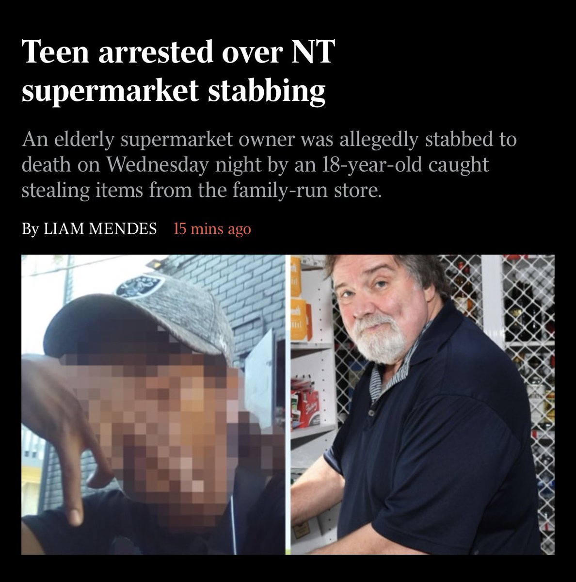 liammendes's tweet image. Breaking overnight: Police have arrested a Darwin teenager who allegedly stabbed to death an elderly supermarket owner on Wednesday night after being caught stealing items from the family-run store.
The 18-year-old was allegedly confronted by Canadian-born Linford Feich, 71, in…