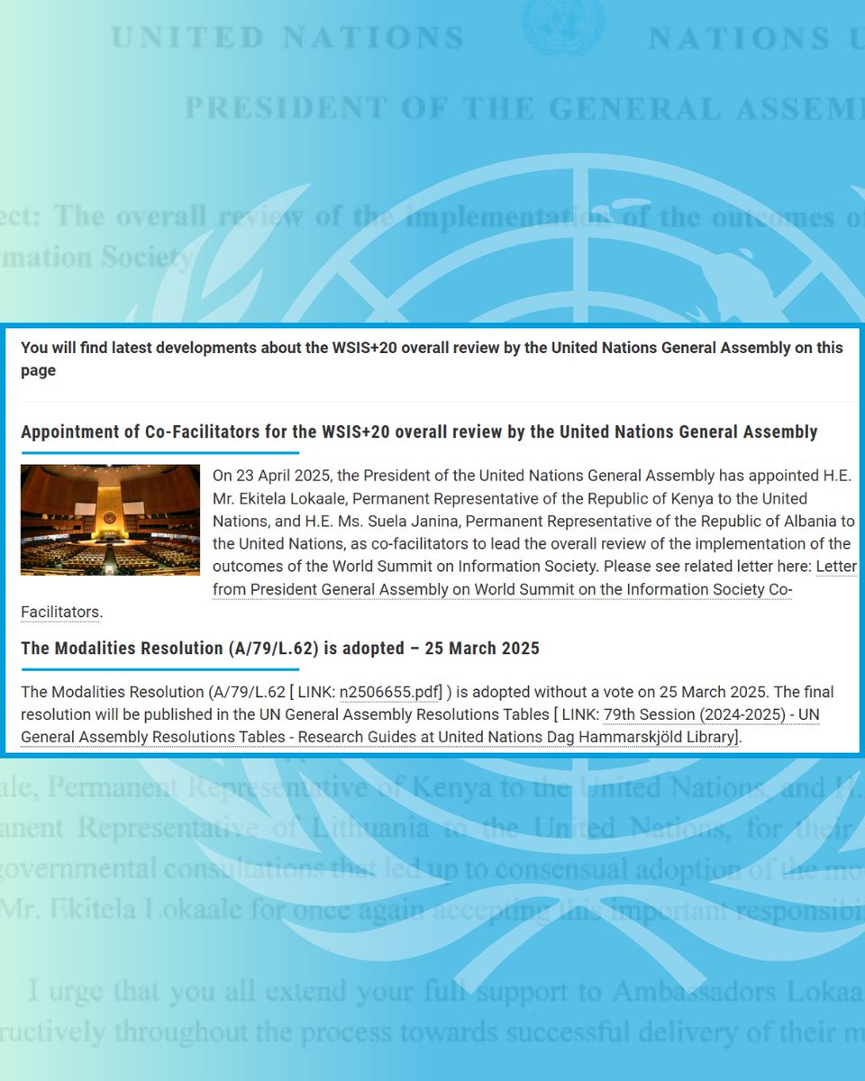 IGF - Internet Governance Forum (@intgovforum) on Twitter photo 📃The <a href="/UN_PGA/">UN GA President</a> has just announced the appointment of the Permanent Representatives of Kenya and Albania to co-facilitate the #WSIS20 process.
Read the letter on the WSIS+20 updates page - bit.ly/4lGtGQT 📃The <a href="/UN_PGA/">UN GA President</a> has just announced the appointment of the Permanent Representatives of Kenya and Albania to co-facilitate the #WSIS20 process.
Read the letter on the WSIS+20 updates page - bit.ly/4lGtGQT