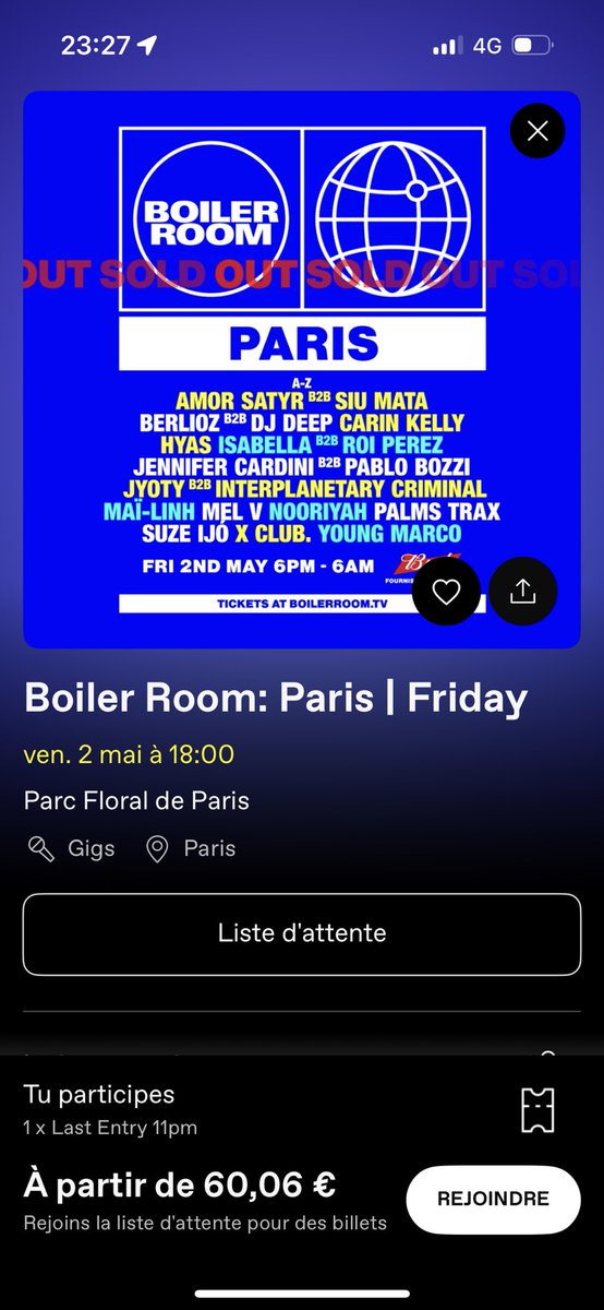 Yoo j’ai une place pour le boiler room du 2 mai à vendre transférables sur dice go dm