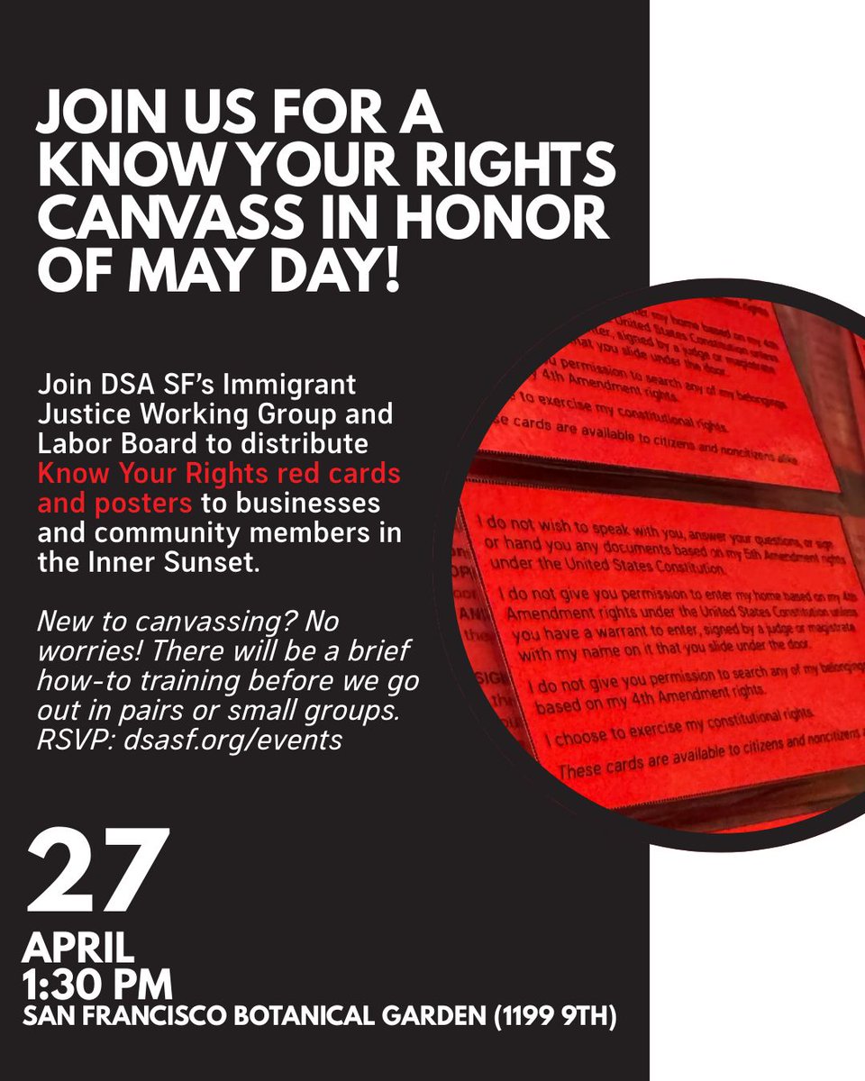 Nearly 200 red cards were made Tuesday by DSA SF members as part of ongoing efforts to keep the chapter supplied with know your rights material. Join us on April 27 to distribute Know Your Rights red cards and posters to businesses and community members in the Inner Sunset!