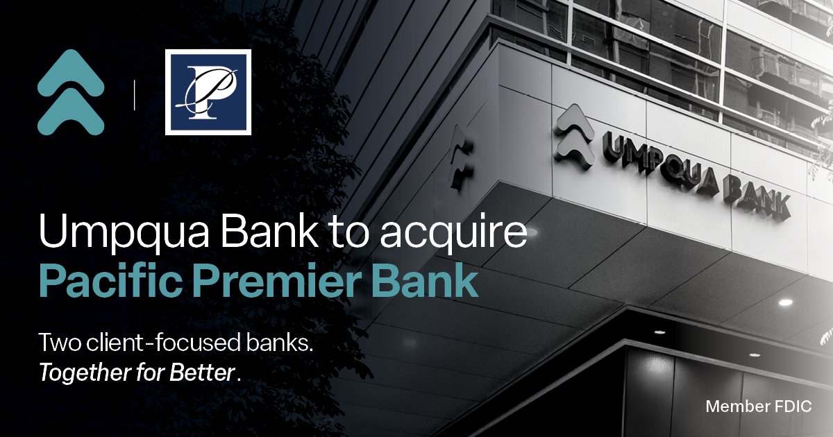 Today we announced the acquisition of Pacific Premier Bank, based in Irvine, CA. This move strengthens our presence in Southern California and the Southwest, expanding our solutions. Post-close, we will operate over 350 locations in 8 Western states. 

ow.ly/hyPu50VGxmJ