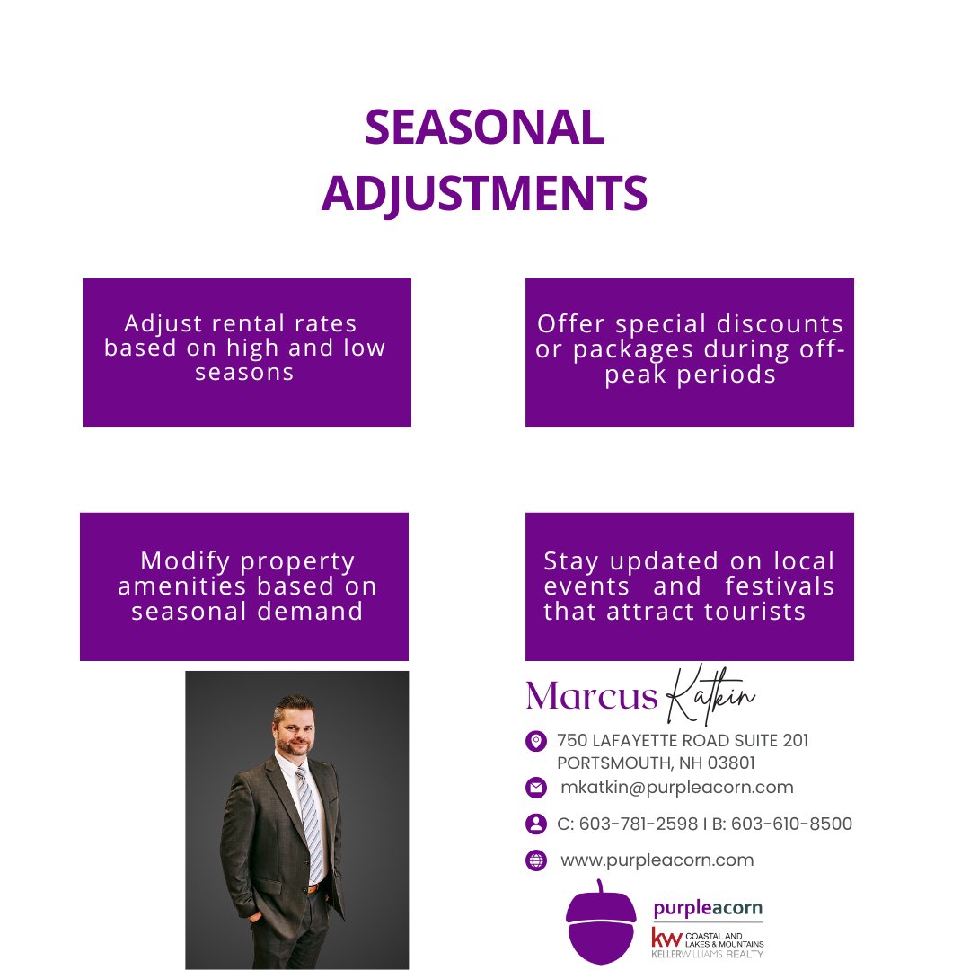 MarcusKatkin's tweet image. Maximize your vacation rental appeal by adjusting rates seasonally, adding relevant amenities, and promoting local events—make every stay unforgettable! ✨🏡 #VacationRentalTips #SmartHosting #SeasonalSuccess #MarcusKaktin #PurpleAcorn #KWCoastalRealty