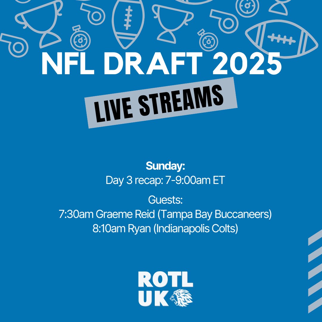 Roar of the Lions UK #RollPride (@rotl_uk) on Twitter photo Day 3 Recap with:
Graeme Reid <a href="/GraemeReid9/">Graeme Reid</a> of <a href="/BucsUK/">Bucs UK</a>
Ryan <a href="/IndyColtsUK/">Indianapolis Colts UK</a>
youtube.com/watch?v=13z5p9…
#ROTL
#NFLDraft
#OnePride Day 3 Recap with:
Graeme Reid <a href="/GraemeReid9/">Graeme Reid</a> of <a href="/BucsUK/">Bucs UK</a>
Ryan <a href="/IndyColtsUK/">Indianapolis Colts UK</a>
youtube.com/watch?v=13z5p9…
#ROTL
#NFLDraft
#OnePride