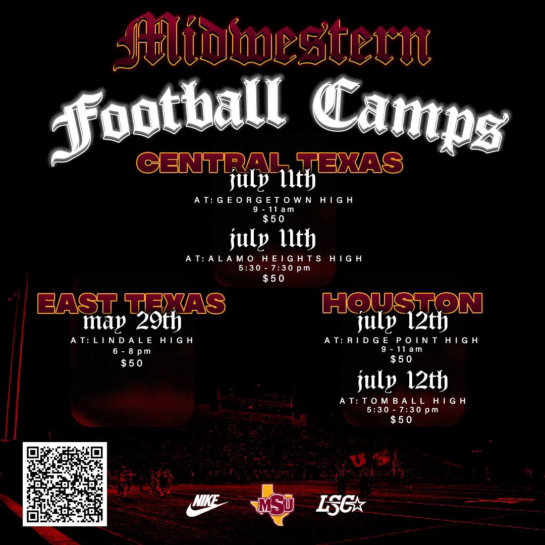 Attention Recruits!
Midwestern State Football Camps are coming to YOU!
Lock in your spot and come compete in front of college coaches! Compete. Get coached. Get noticed.
#GoMustangs #MSUTexas #TXHSFB #RecruitTexas