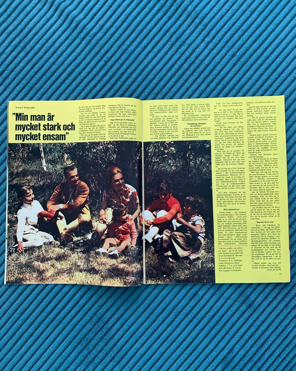 مجله Året Runt، سال ۱۹۷۲ – سوئد.
به تهران سفر کرده و با شهبانو در کاخ مصاحبه‌ای انجام داده است.
تیتر اصلی:
چطور می‌توانم خوشحال باشم، وقتی 
این‌ همه رنج را می‌بینم؟
و همسرم، مردی است بسیار قوی… و بسیار تنها.