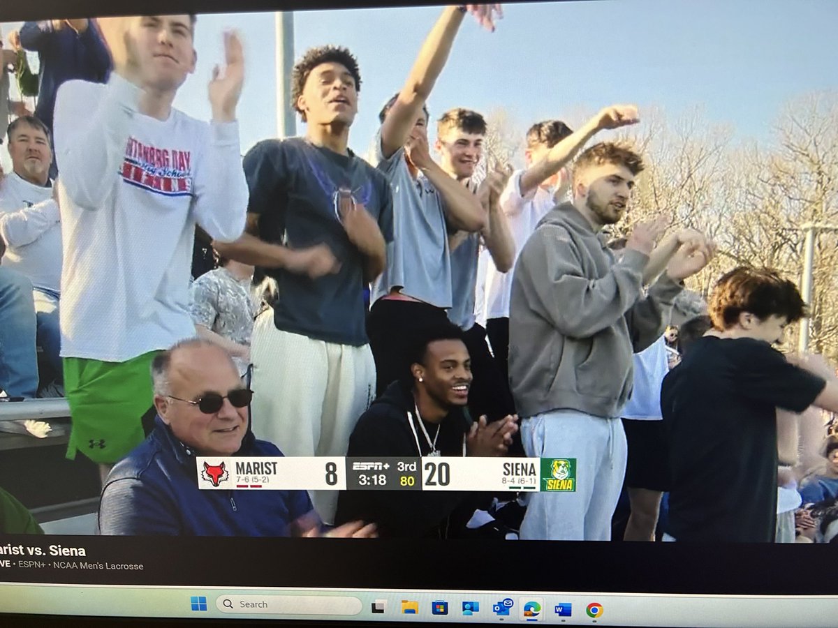 Members of the Siena men’s basketball team returning the favor. They’re at Hickey Field to cheer on men’s lacrosse. That includes Major Freeman, already in the transfer portal: