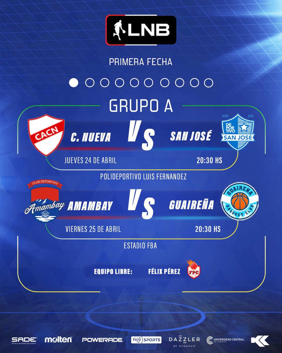 cpb_py's tweet image. 📆 ¡Arranca la Primera Fecha de la LNB 2025!
Desde este jueves 24 hasta el sábado 26 de abril, se juega la jornada inaugural del torneo masculino de primera división 🏀🔥
🔍 Mirá el fixture completo 👉 en las imágenes.
#LNB2025 #PrimeraFecha #BásquetParaguayo #CPB #LigaNacional