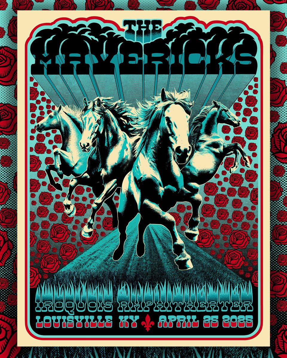 The Mavericks (@mavericksmusic) on Twitter photo Louisville! 🐎 Here’s a little sneak peek at our show poster for Friday night's stop at the <a href="/IroquoisAmp/">Iroquois Amphitheater</a>! Another stellar design from our good friend Nick Farrow, we’ll have these prints available at the merch stand ’til they’re gone 🌹 See y’all this weekend! Louisville! 🐎 Here’s a little sneak peek at our show poster for Friday night's stop at the <a href="/IroquoisAmp/">Iroquois Amphitheater</a>! Another stellar design from our good friend Nick Farrow, we’ll have these prints available at the merch stand ’til they’re gone 🌹 See y’all this weekend!