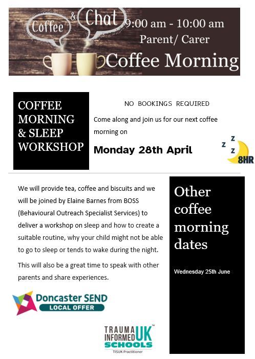 Good evening,

We are holding our next coffee morning on Monday.
The focus will be around sleep issues.  
Everyone is welcome!  A great opportunity to make friends and network!

Miss Pawlett