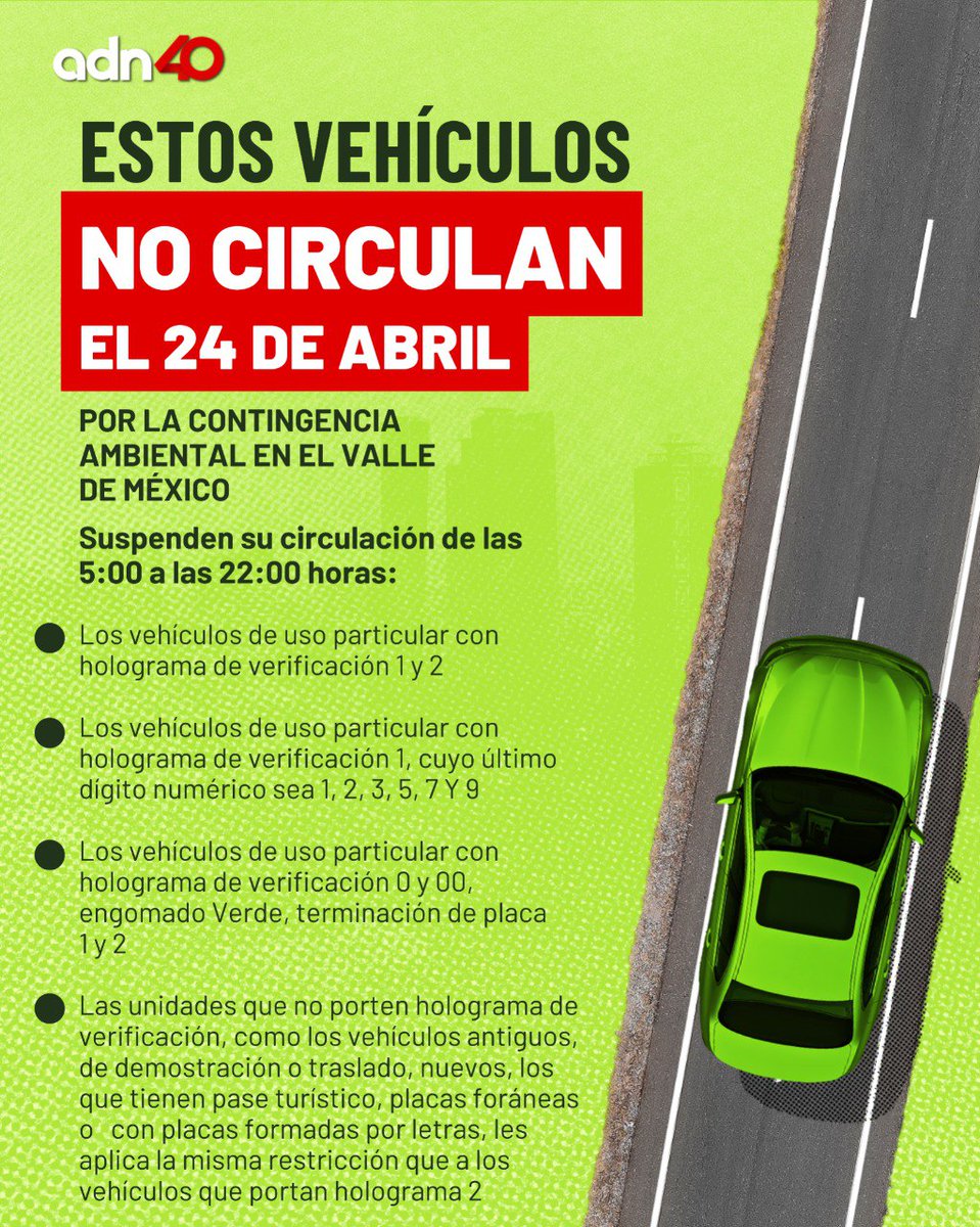 adnnoticiasmx's tweet image. ¡Mucho ojo! ⚠️🚗 Debido a la #ContingenciaAmbiental, estos autos no circulan MAÑANA 👇🏽