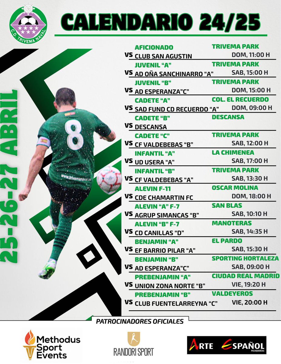 AGENDA |
🔛 Terminadas las fiestas de Semana Santa, los equipos de #CDTrivemaNaval 🍀 han vuelto a sus entrenamientos para preparar una nueva jornada de liga #RFFM.

🗒️ Estos son los horarios del fin de semana ⤵️
