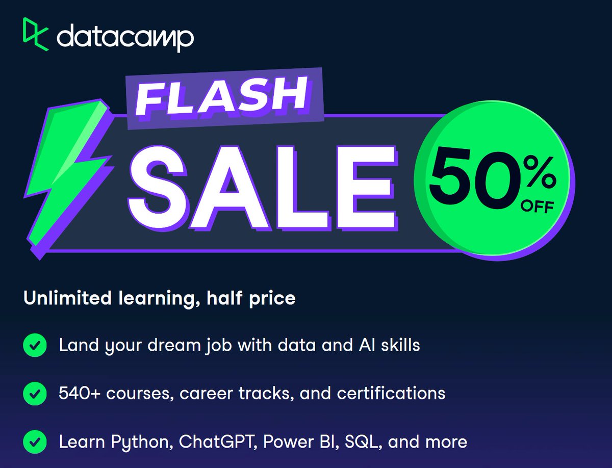 DigestData's tweet image. 🚨 50% OFF DataCamp Annual Subscription! 🚨

Learn R, Python, Power BI, Tableau, SQL, ML &amp;amp; more with hands-on courses. I’ve used it for years — it works.

Level up your skills or learn something new: 👇
🔗 datacamp.pxf.io/BnRa3W

#DataCamp #MachineLearning #LearnToCode