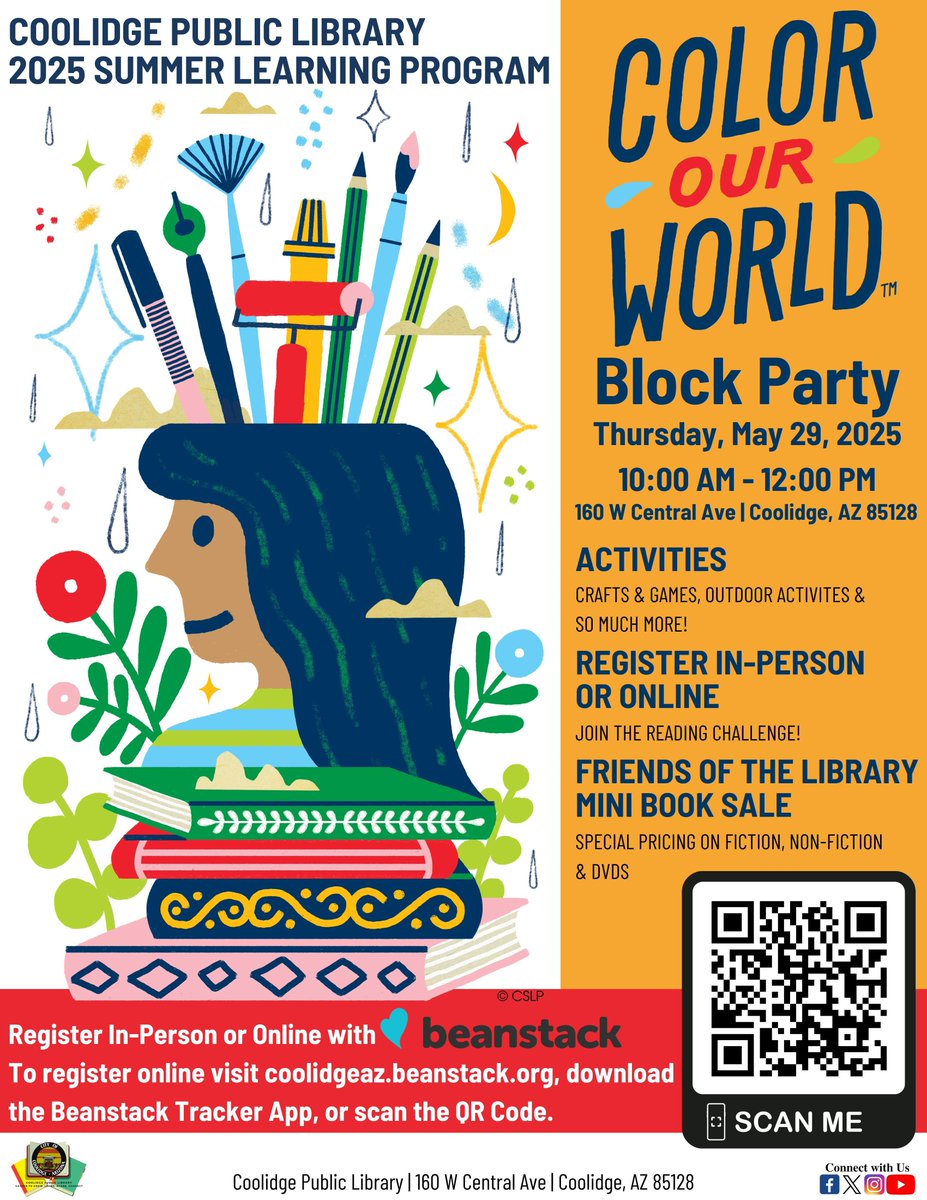 Join us for the Color Our World – Summer Learning Block Party on Thursday, May 29 from 10 AM to 12 PM at the Coolidge Public Library!

✅ Crafts, games, giveaways, &amp; more for the whole family!
📍160 W Central Ave

Let’s kick off summer in COLORFUL style! 🎨🌞