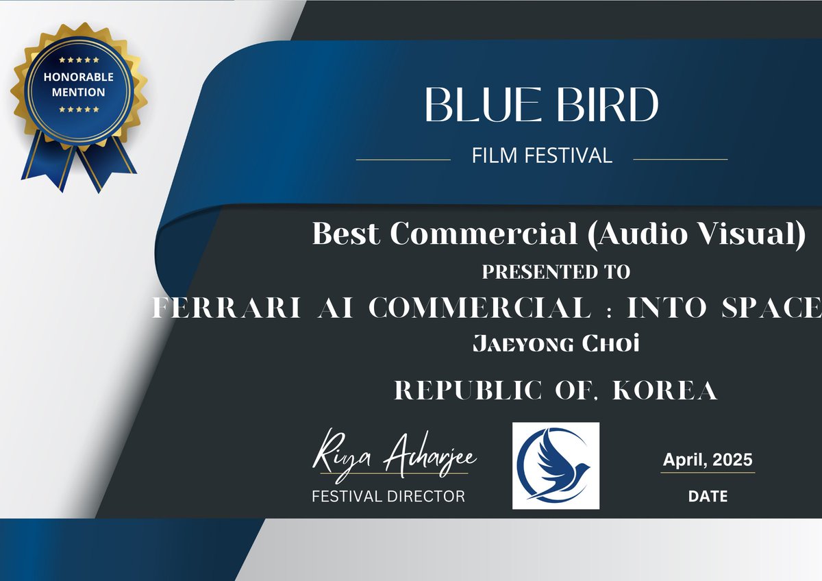 최재용 AICF 감독이 연출한 AI 기반 광고 ‘Ferrari AI Commercial : Into Space’가 Blue Bird Film Festival에서 Best Commercial (Audio Visual) 부문 Honorable Mention(우수상)을 수상했다.
이번 수상작은 Ferrari 브랜드의 속도감과 상징성, 그리고 우주라는 무한한 공간의 상상력을 결합한 작품