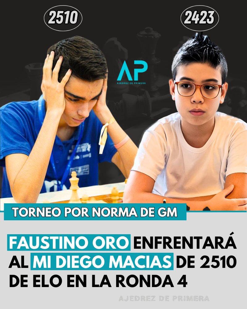 🚨 FAUSTINO JUGARÁ CONTRA OTRO 2500 🚨

Ahora es el turno del MI Diego Macias, gran promesa española de 18 años, a quien enfrentará con las piezas negras.

Faustino, de tan sólo 11 años, está en un gran torneo con 3/3.

🔴En vivo por Ajedrez de Primera